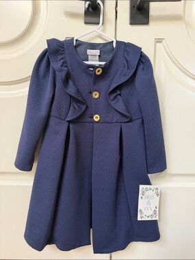 iris & ivy Navy Textured Ruffle-Trim Girls Dress with Buttons
